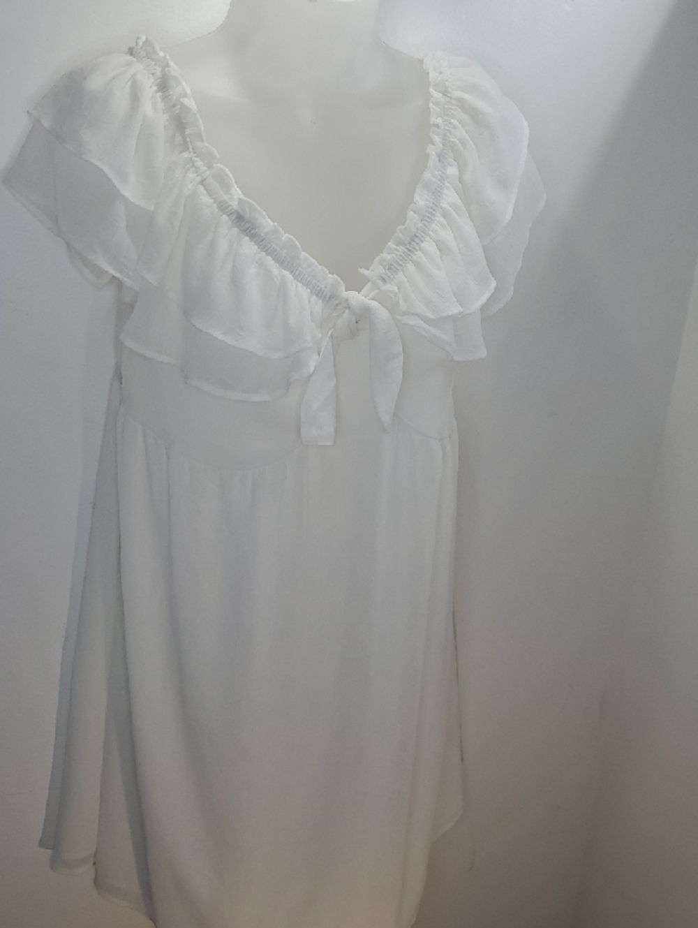 Women's White Midi Ruffle-Trim Dress